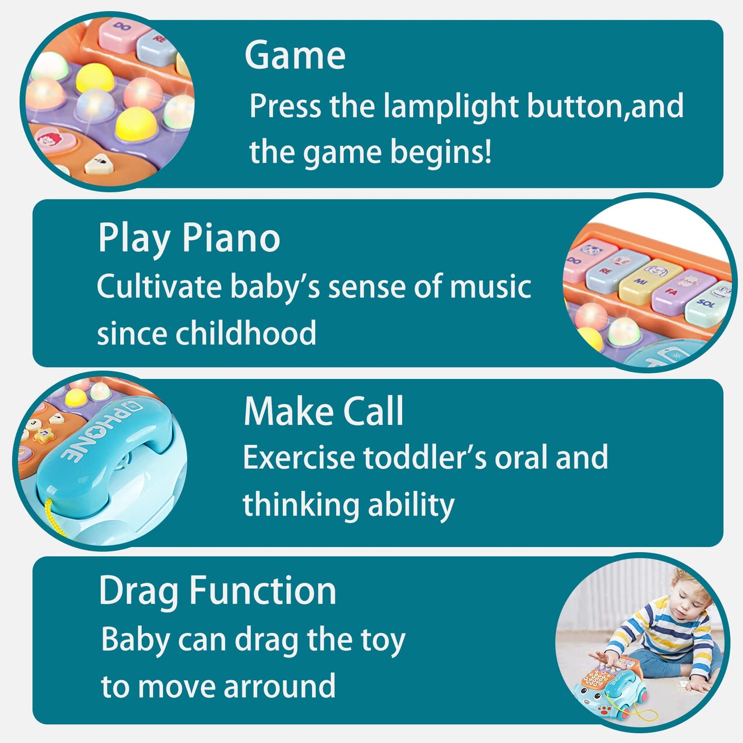 Kimery Baby Toy Phone Cartoon – Interactive Piano & Lights for Early Learning (Blue, 18M+)