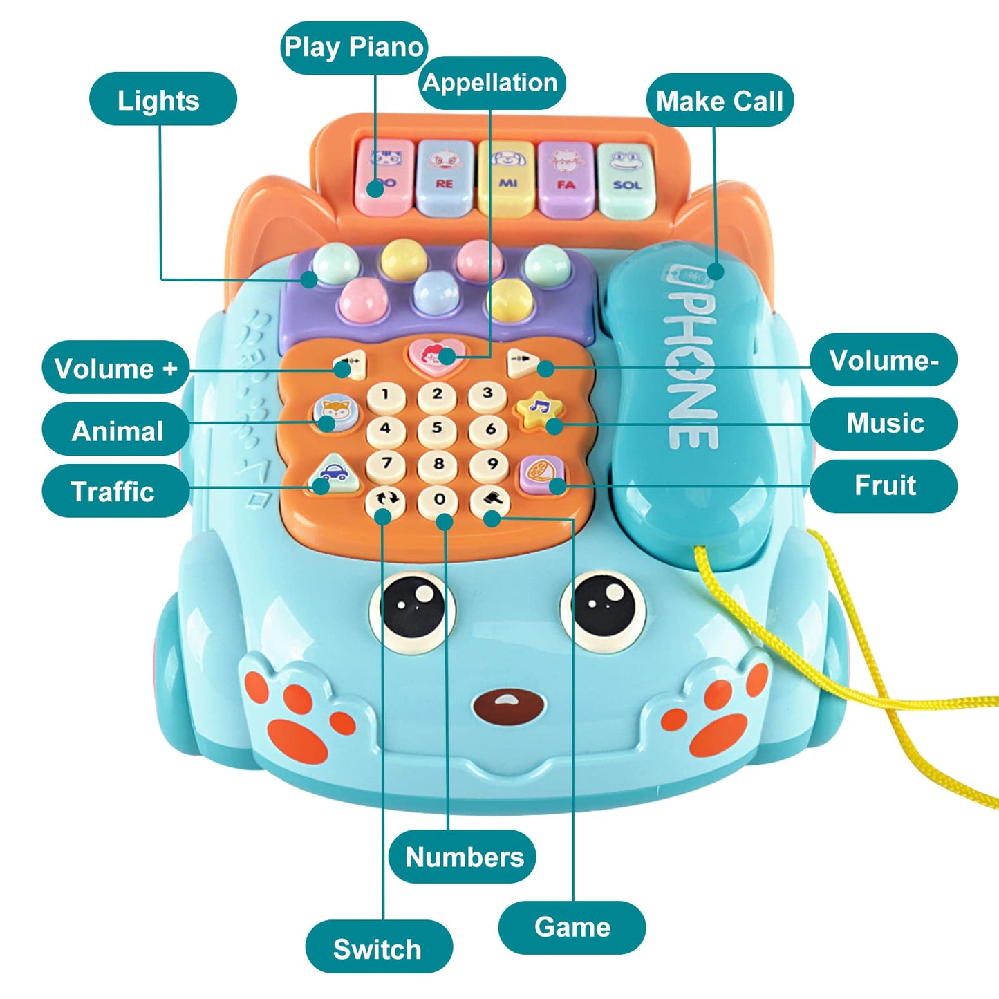 Kimery Baby Toy Phone Cartoon – Interactive Piano & Lights for Early Learning (Blue, 18M+)