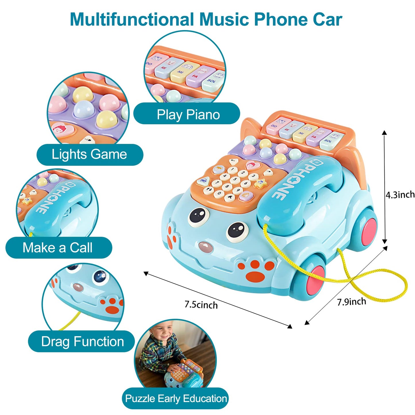 Kimery Baby Toy Phone Cartoon – Interactive Piano & Lights for Early Learning (Blue, 18M+)