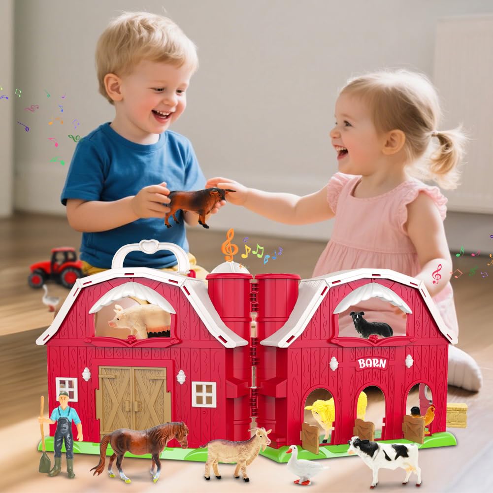 Kimicare Red Barn Farm Toy Set for Toddlers 1-3 | Tractor & Farm Animal Figures, Montessori STEM Learning