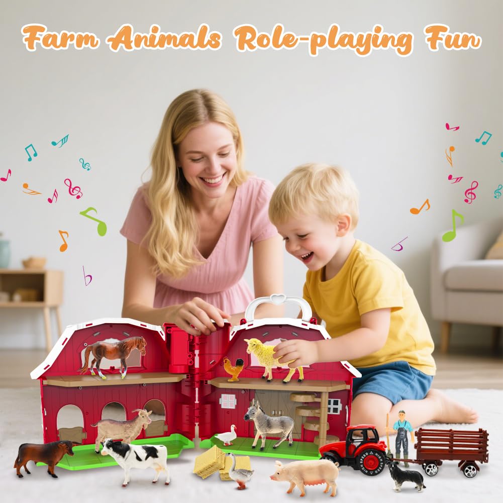 Kimicare Red Barn Farm Toy Set for Toddlers 1-3 | Tractor & Farm Animal Figures, Montessori STEM Learning