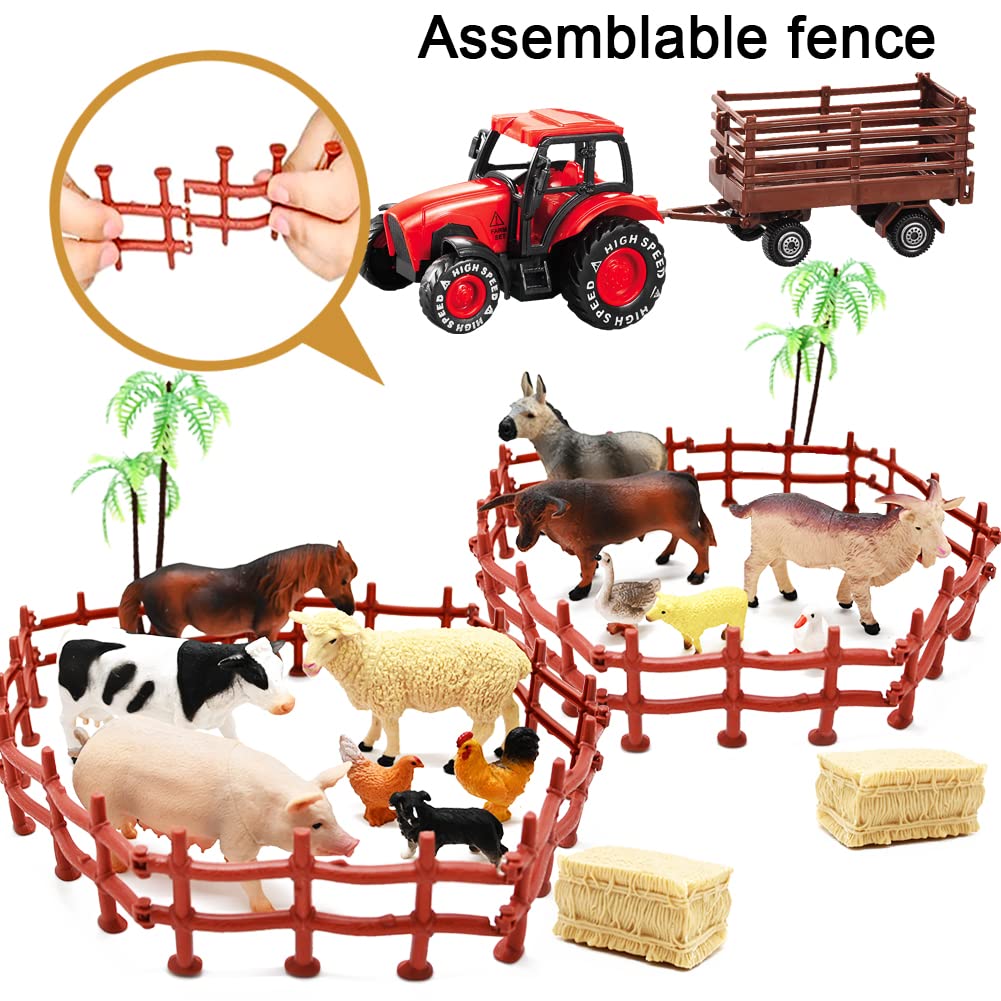 Kimicare 3-Pack Farm Toy Tractors – 40pc Animals & Fence Playset