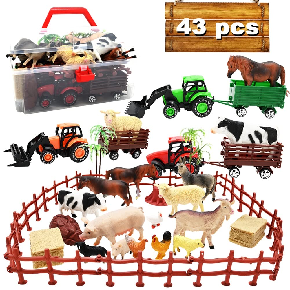 Kimicare 3-Pack Farm Toy Tractors – 40pc Animals & Fence Playset