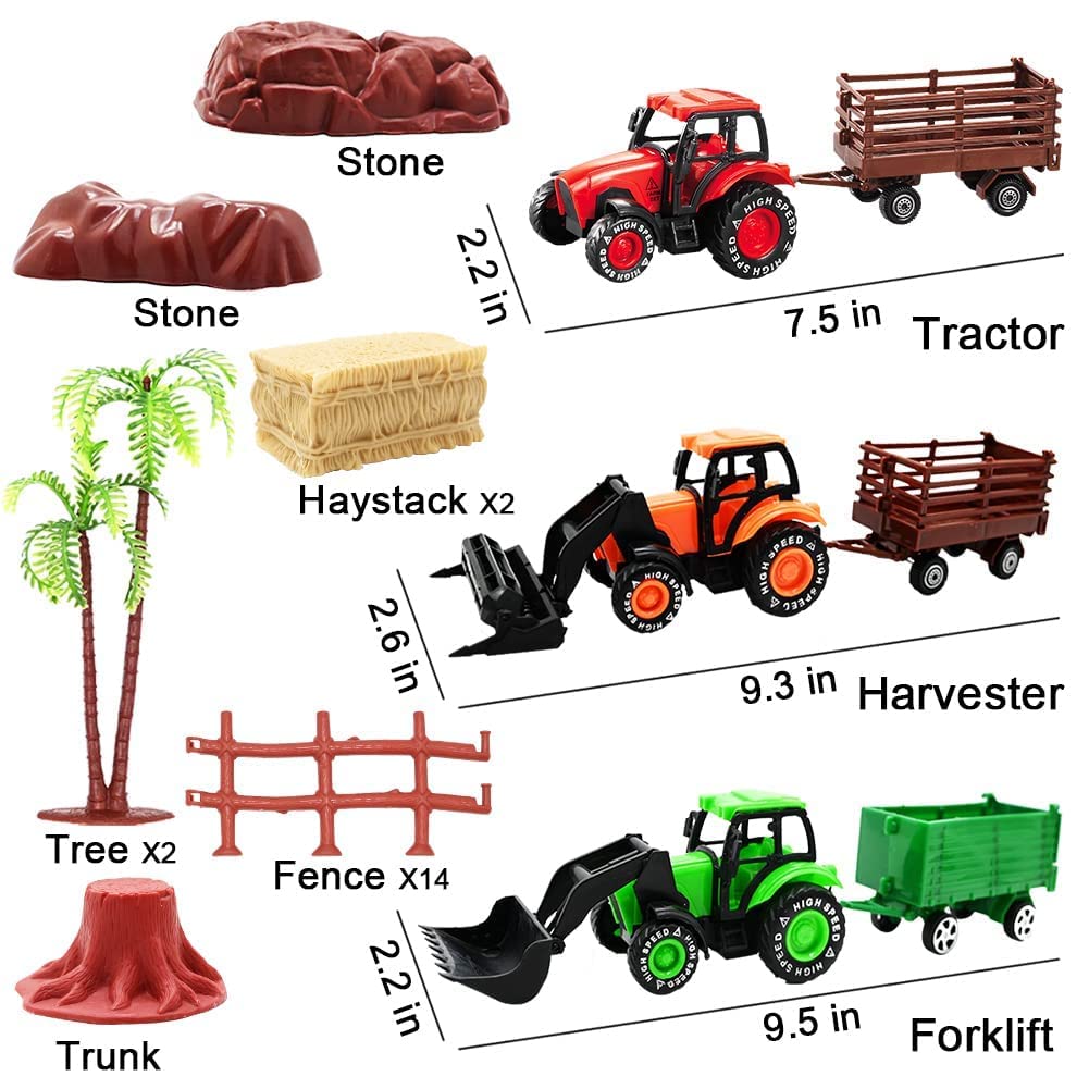 Kimicare 3-Pack Farm Toy Tractors – 40pc Animals & Fence Playset