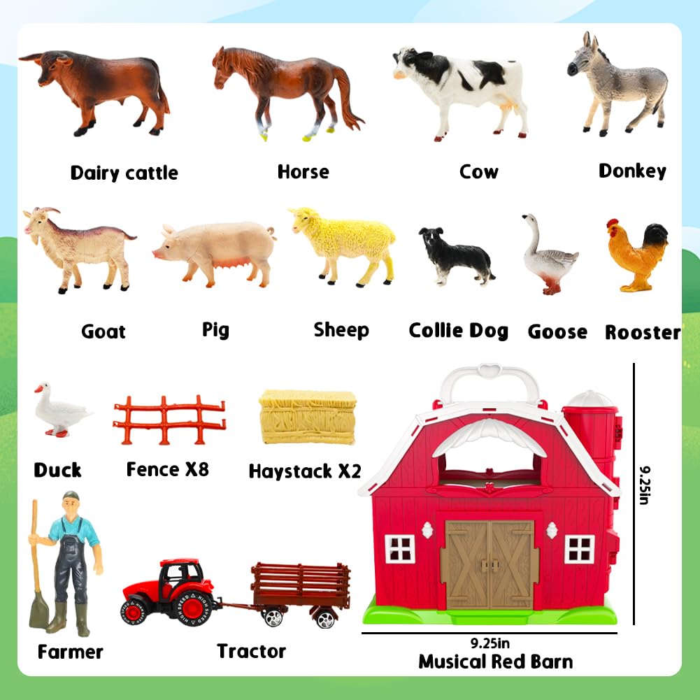 Kimicare Red Barn Farm Toy Set for Toddlers 1-3 | Tractor & Farm Animal Figures, Montessori STEM Learning