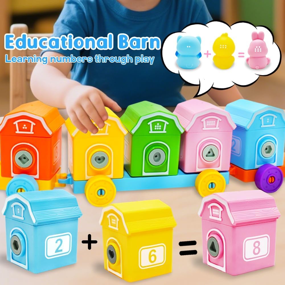 Kimicare Learning Montessori Farm Train Toy for Toddlers – 10 Barns, Keys & Finger Puppets