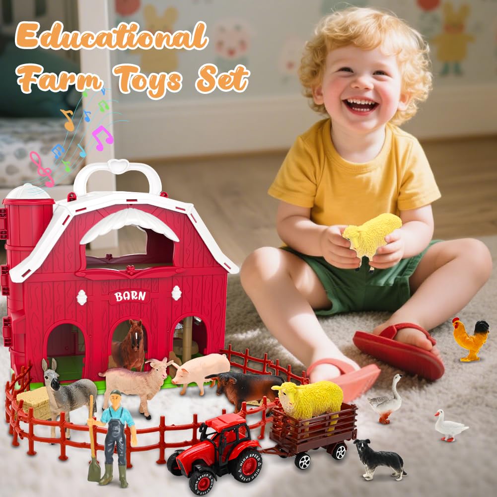 Kimicare Red Barn Farm Toy Set for Toddlers 1-3 | Tractor & Farm Animal Figures, Montessori STEM Learning