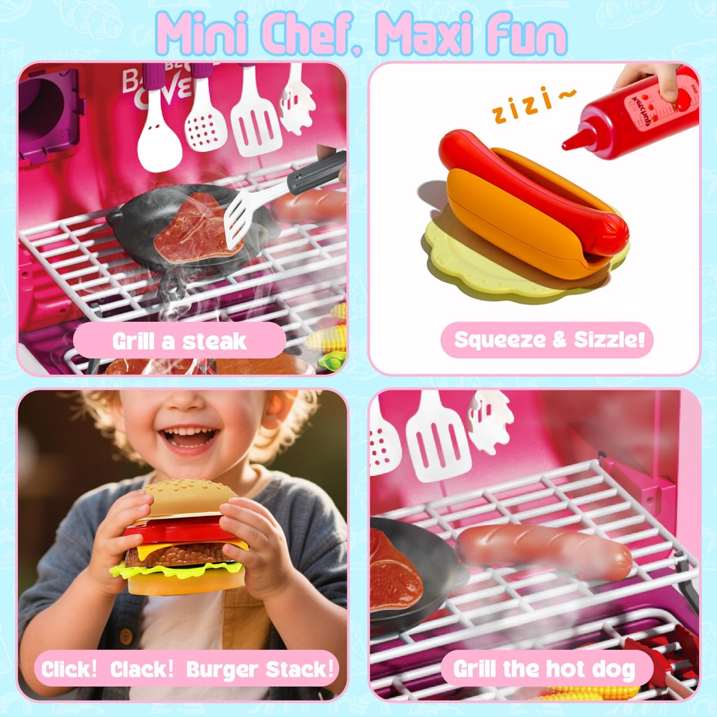 Kimicare Kid Toy Grill – Portable BBQ Playset with Light, Sound & Smoke for Kids 3-8