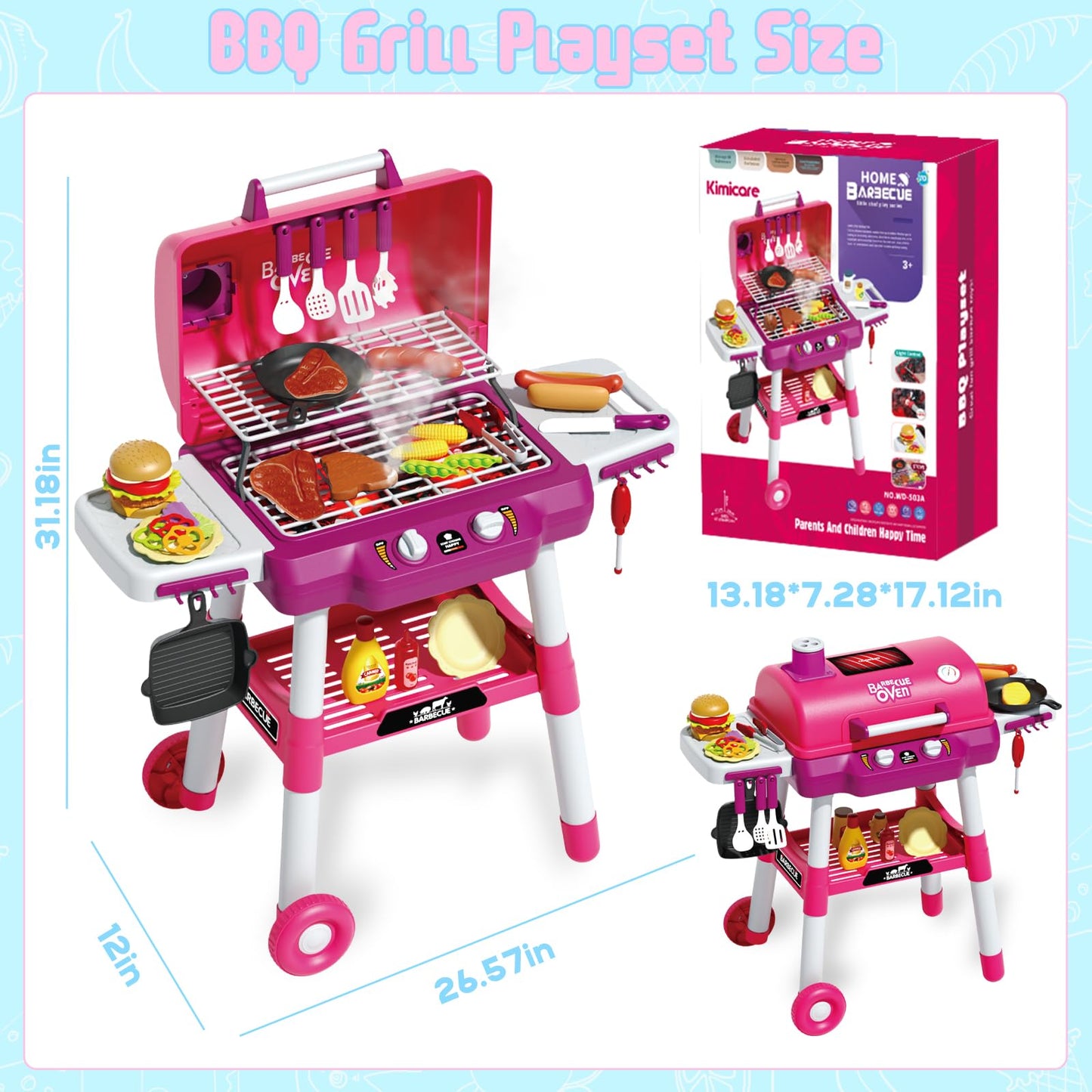 Kimicare Kid Toy Grill – Portable BBQ Playset with Light, Sound & Smoke for Kids 3-8