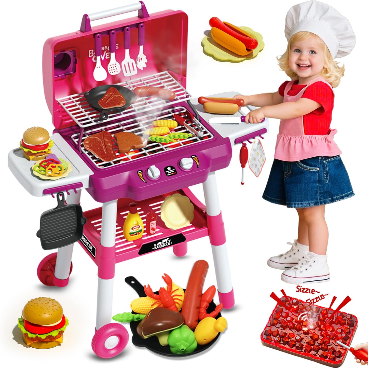 Kimicare Kid Toy Grill – Portable BBQ Playset with Light, Sound & Smoke for Kids 3-8