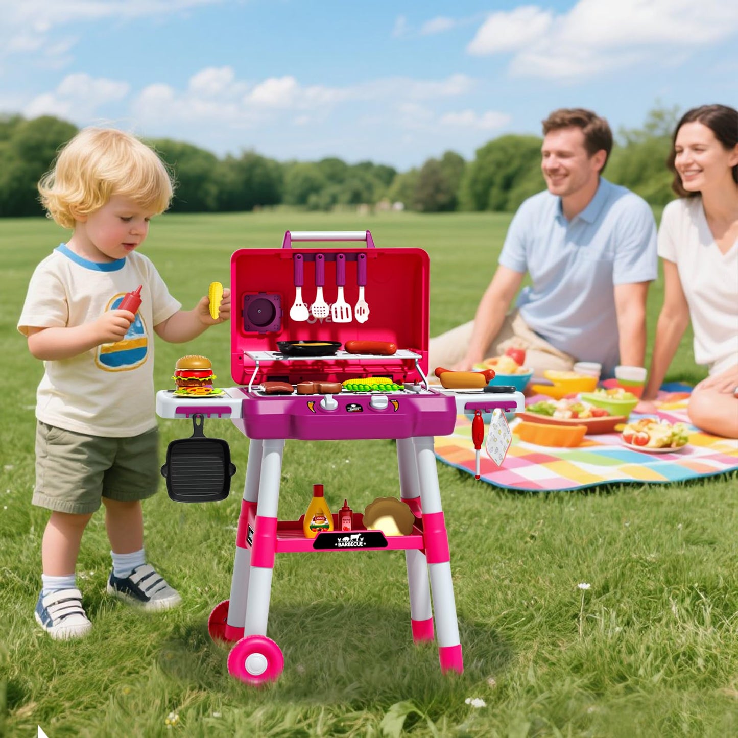 Kimicare Kid Toy Grill – Portable BBQ Playset with Light, Sound & Smoke for Kids 3-8