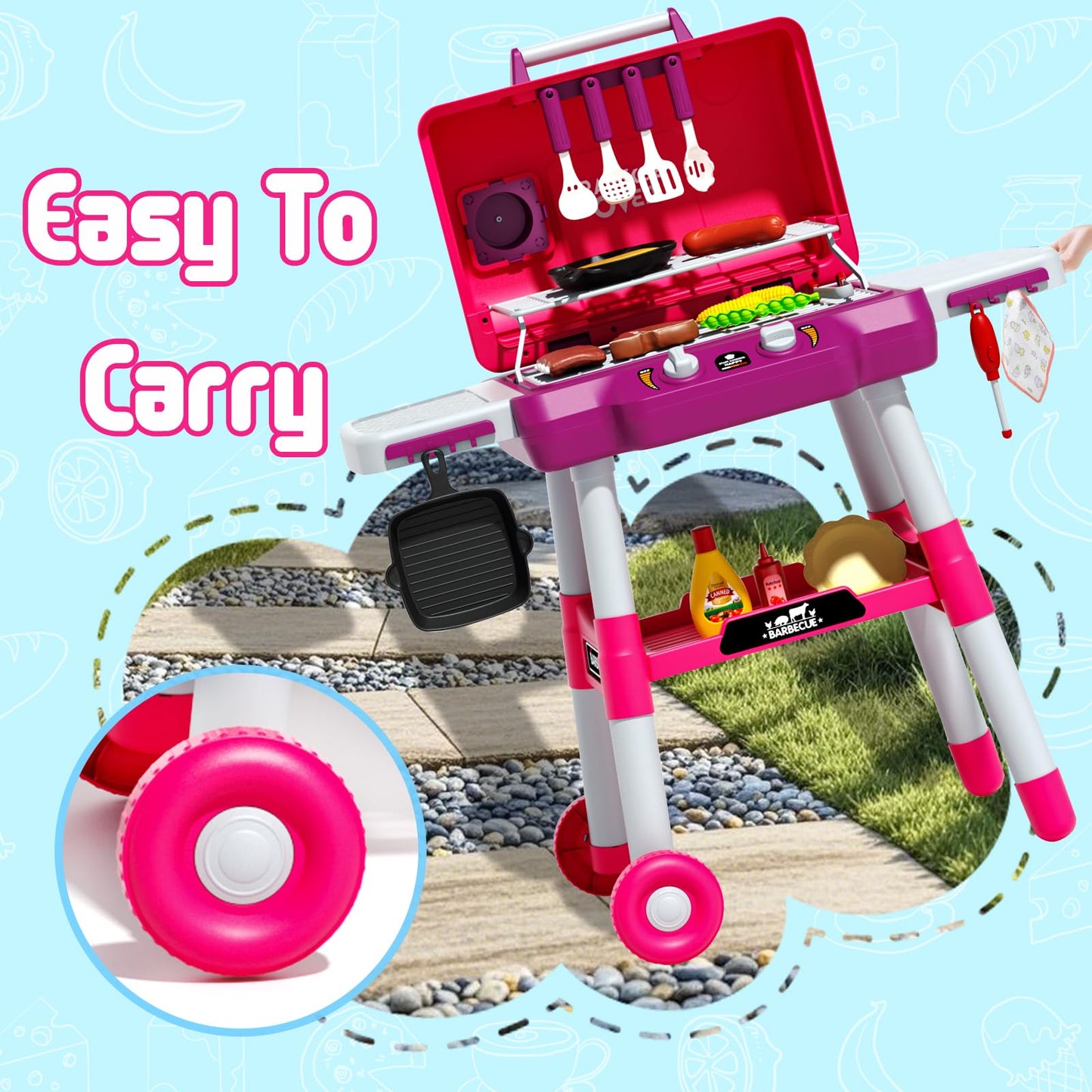 Kimicare Kid Toy Grill – Portable BBQ Playset with Light, Sound & Smoke for Kids 3-8