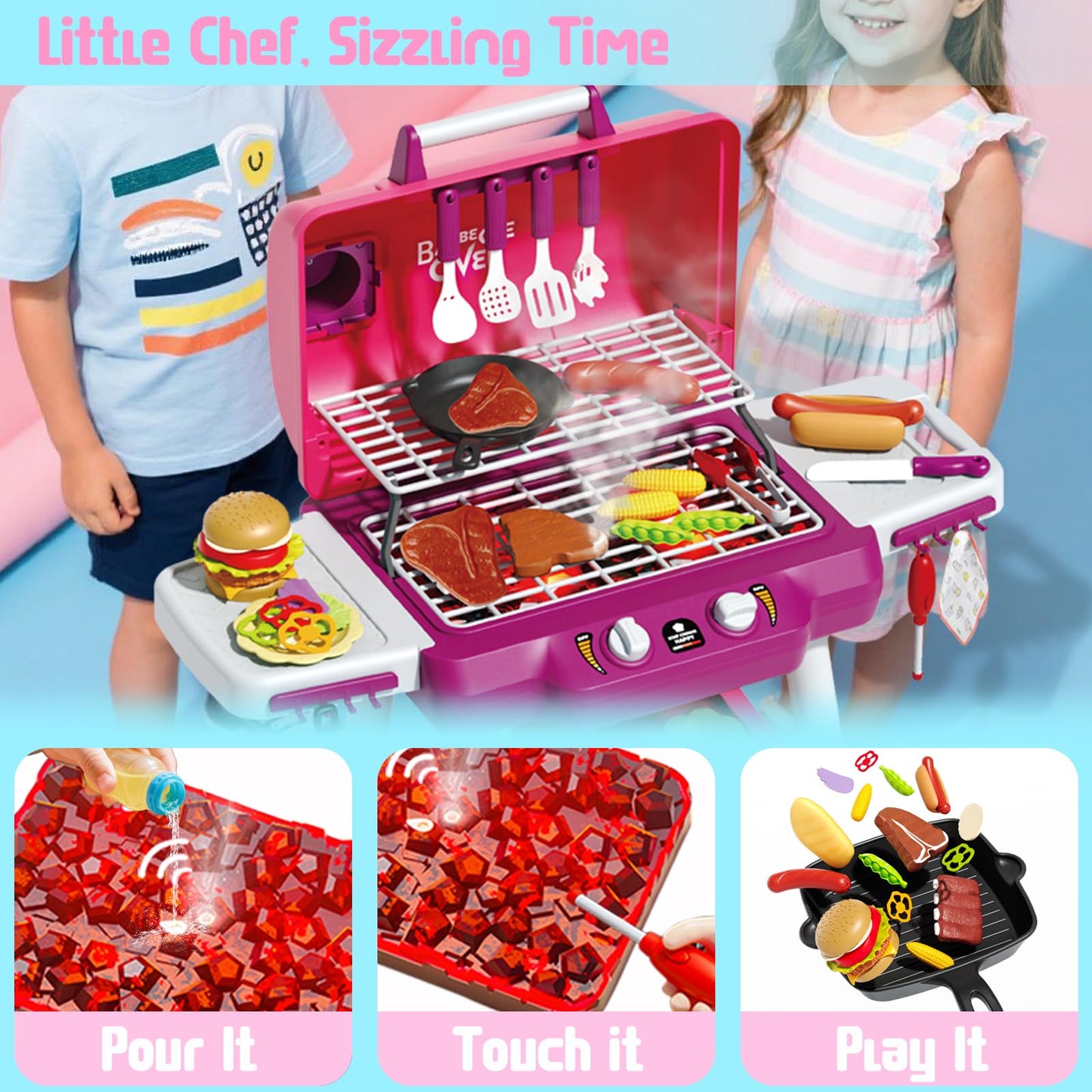 Kimicare Kid Toy Grill – Portable BBQ Playset with Light, Sound & Smoke for Kids 3-8