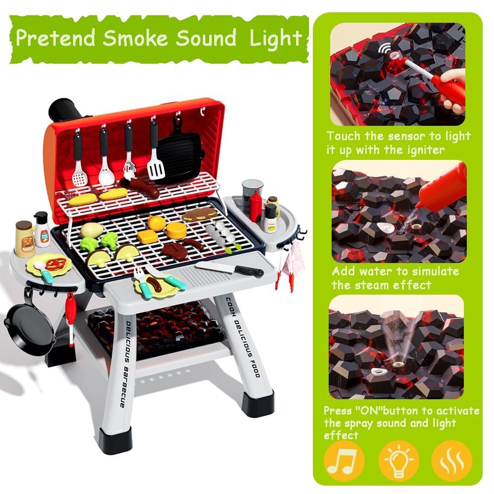 Kimicare Kids BBQ Grill Playset – Realistic Smoke, Light & Sound for Pretend Cooking (Ages 3-5)