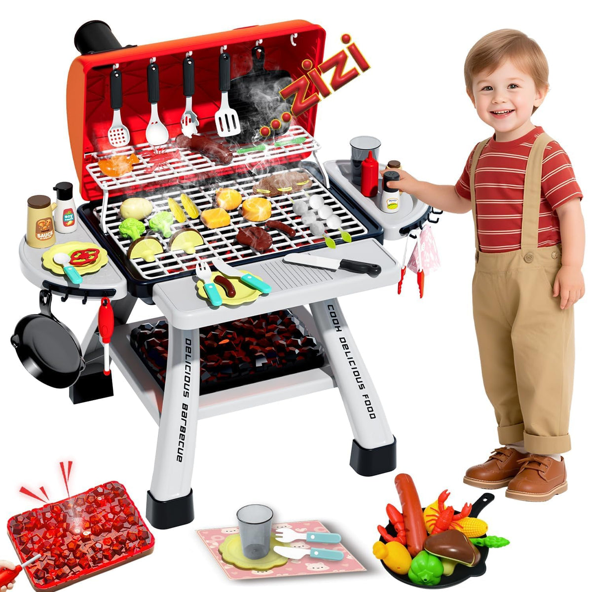 Kimicare Kids BBQ Grill Playset – Realistic Smoke, Light & Sound for Pretend Cooking (Ages 3-5)