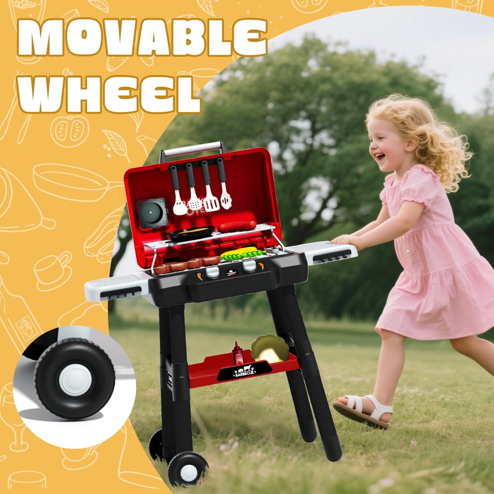 Kimicare Kids Grill Playset – Realistic BBQ Toy with Smoke, Lights & Wheel for Ages 3-5