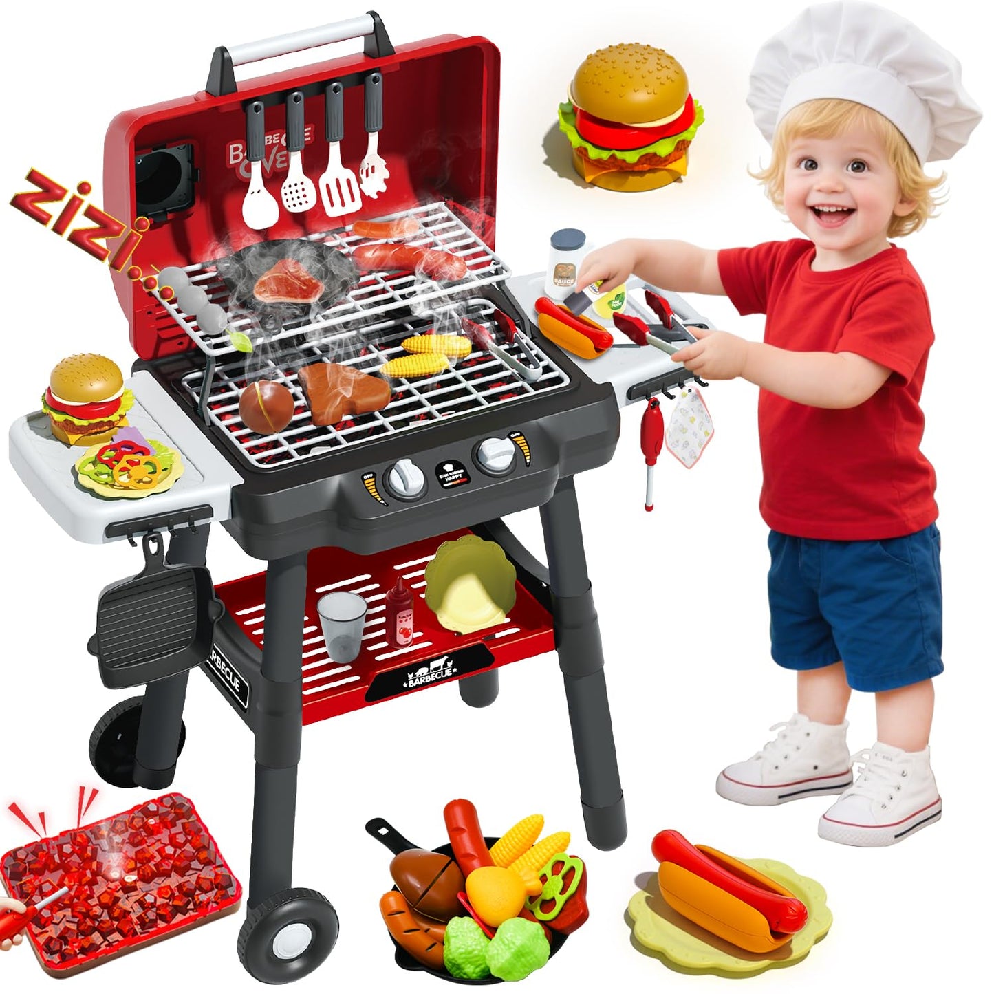 Kimicare Kids Grill Playset – Realistic BBQ Toy with Smoke, Lights & Wheel for Ages 3-5