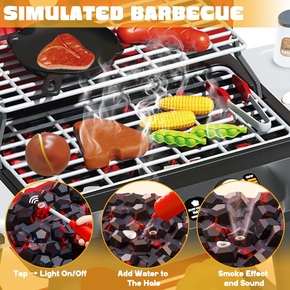 Kimicare Kids Grill Playset – Realistic BBQ Toy with Smoke, Lights & Wheel for Ages 3-5