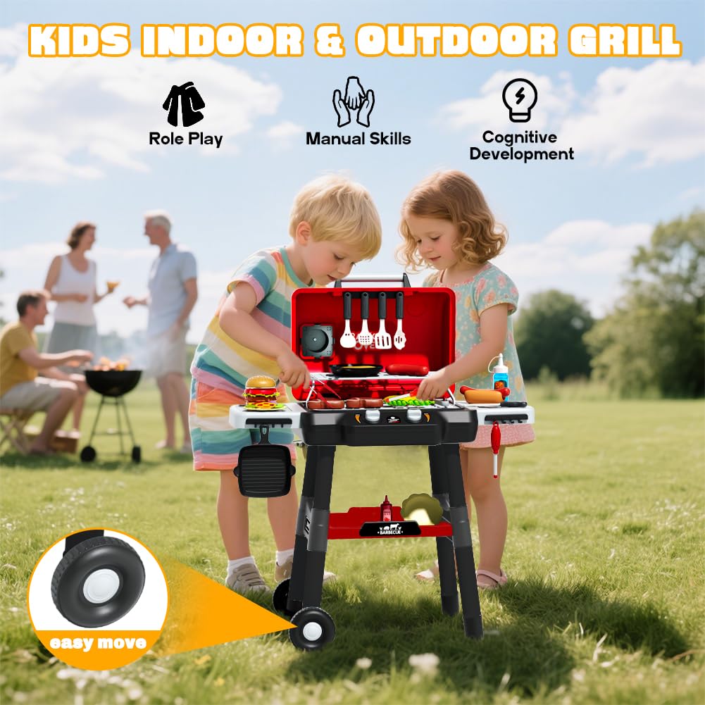 Kimicare Kids Grill Playset – Realistic BBQ Toy with Smoke, Lights & Wheel for Ages 3-5