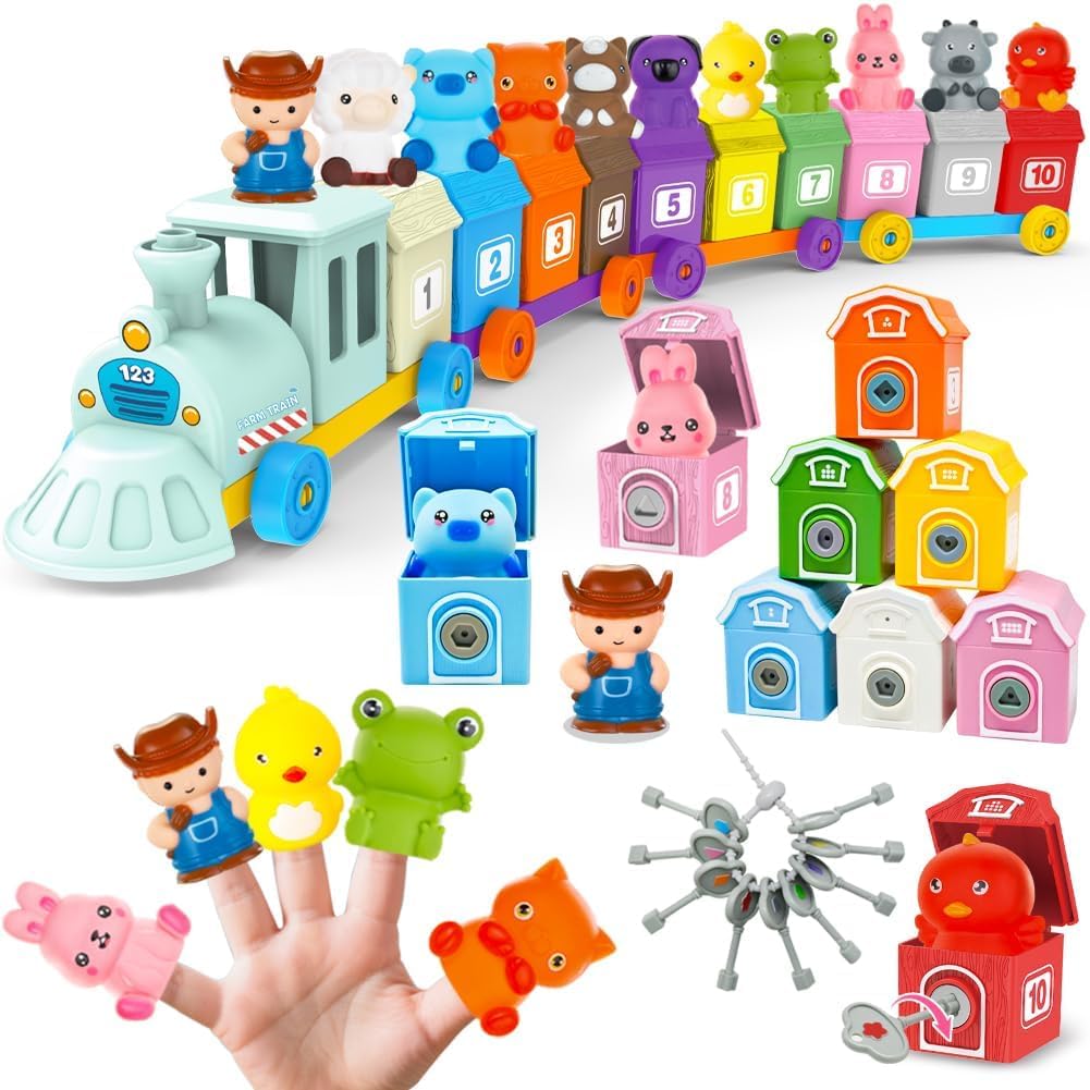 Kimicare Learning Montessori Farm Train Toy for Toddlers – 10 Barns, Keys & Finger Puppets