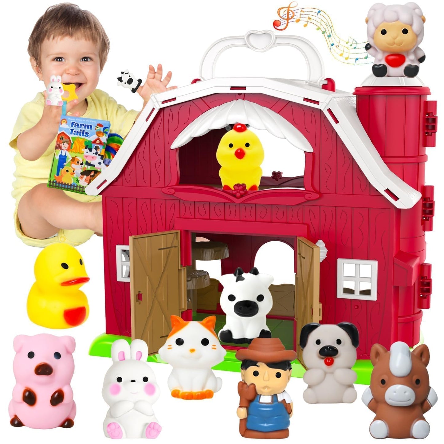 Kimicare Musical Red Barn Farm Playset – Finger Puppets & Baby Book for 3-5 Year Olds