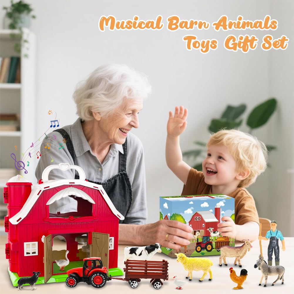 Kimicare Red Barn Farm Toy Set for Toddlers 1-3 | Tractor & Farm Animal Figures, Montessori STEM Learning