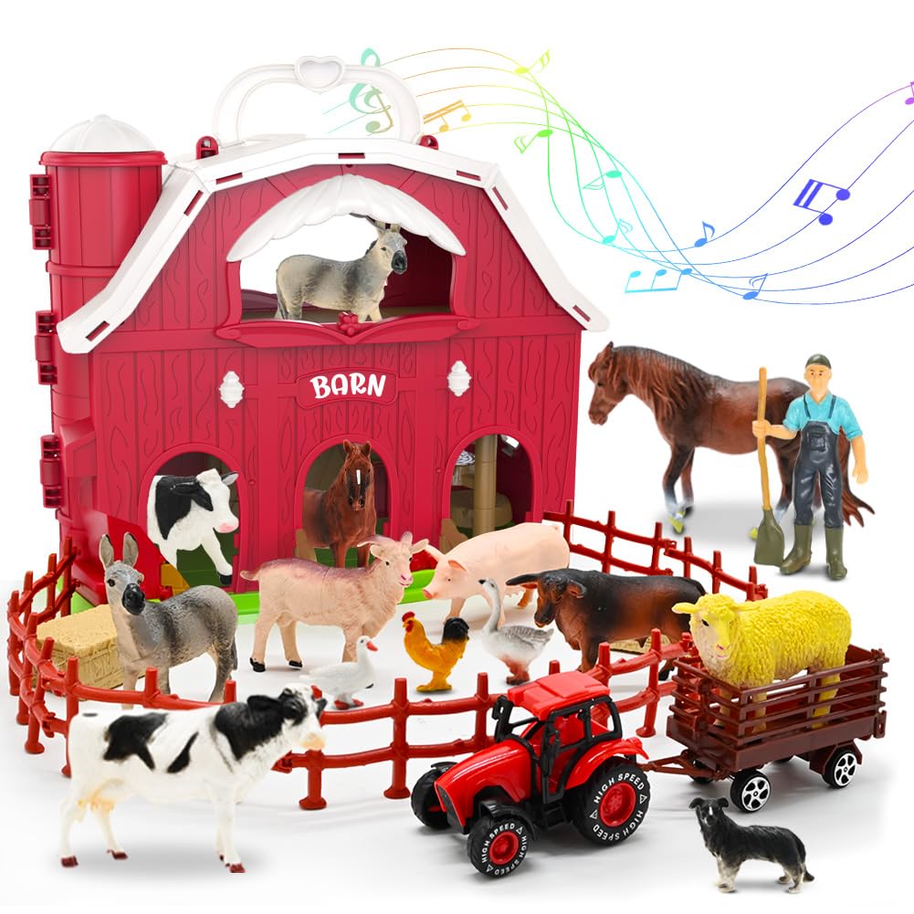 Kimicare Red Barn Farm Toy Set for Toddlers 1-3 | Tractor & Farm Animal Figures, Montessori STEM Learning