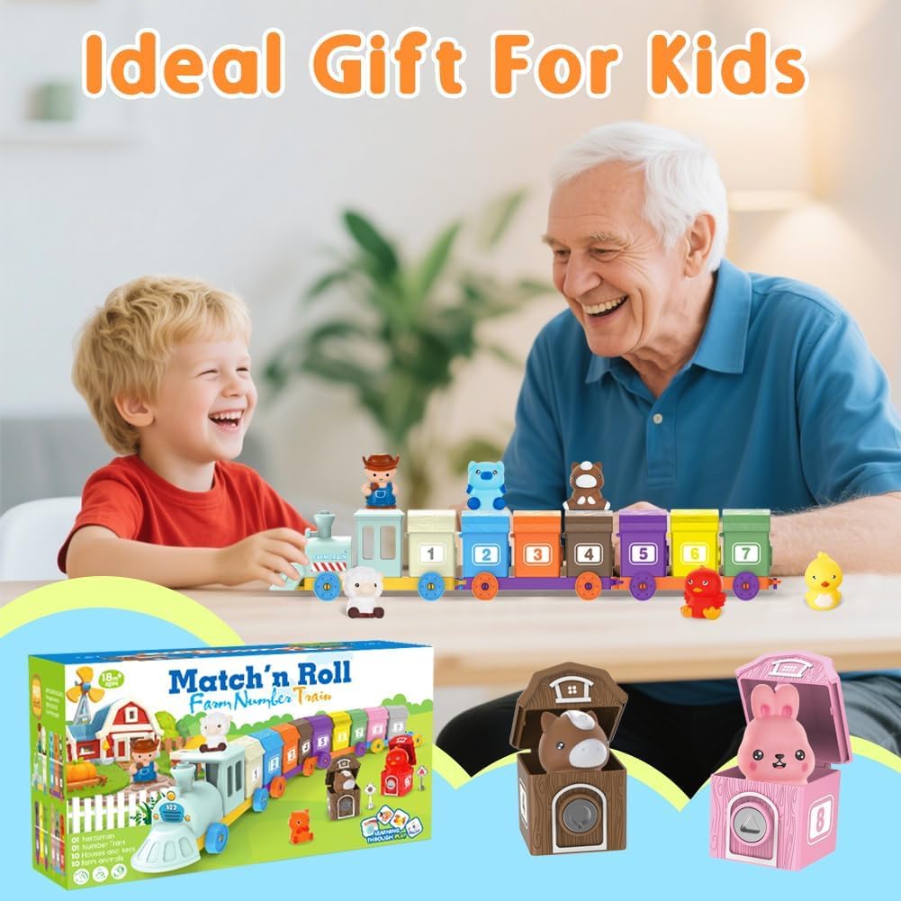 Kimicare Learning Montessori Farm Train Toy for Toddlers – 10 Barns, Keys & Finger Puppets