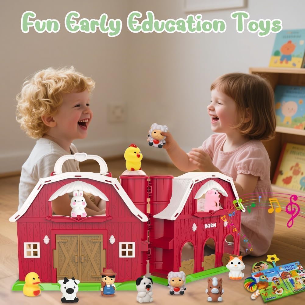 Kimicare Musical Red Barn Farm Playset – Finger Puppets & Baby Book for 3-5 Year Olds