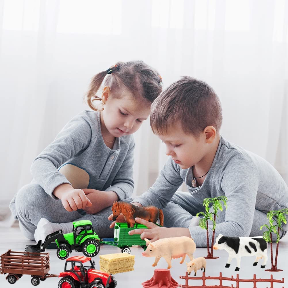 Kimicare 3-Pack Farm Toy Tractors – 40pc Animals & Fence Playset
