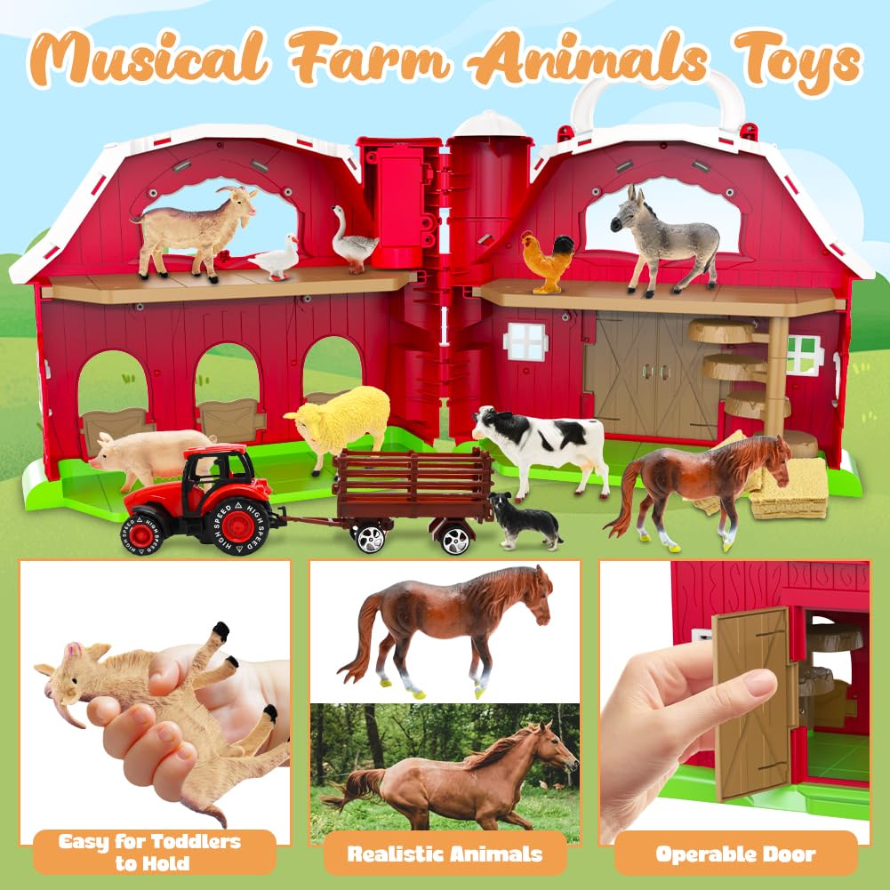 Kimicare Red Barn Farm Toy Set for Toddlers 1-3 | Tractor & Farm Animal Figures, Montessori STEM Learning