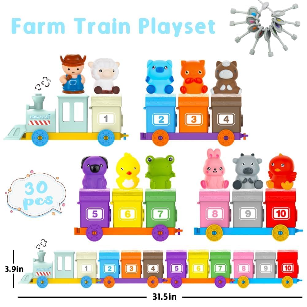 Kimicare Learning Montessori Farm Train Toy for Toddlers – 10 Barns, Keys & Finger Puppets