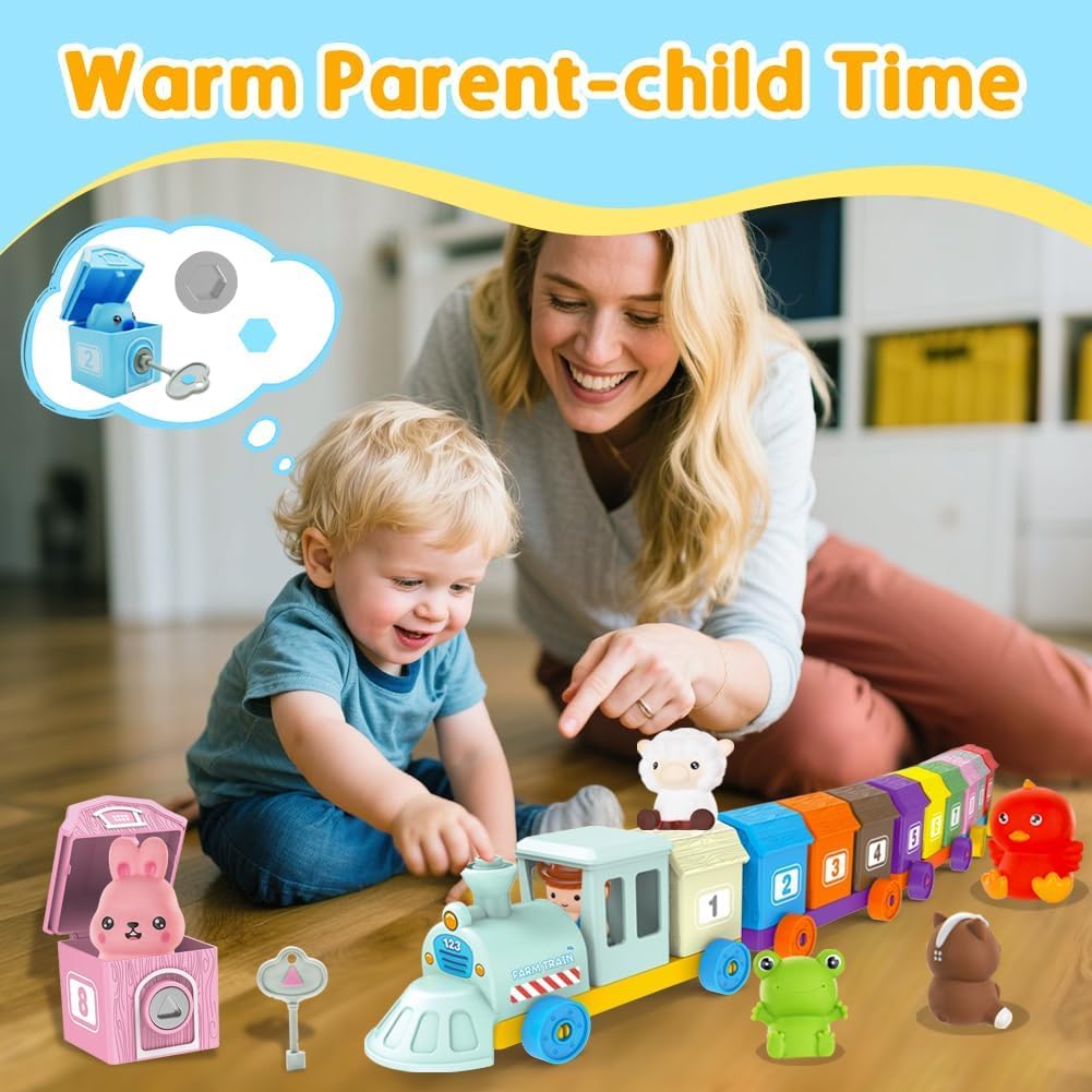 Kimicare Learning Montessori Farm Train Toy for Toddlers – 10 Barns, Keys & Finger Puppets
