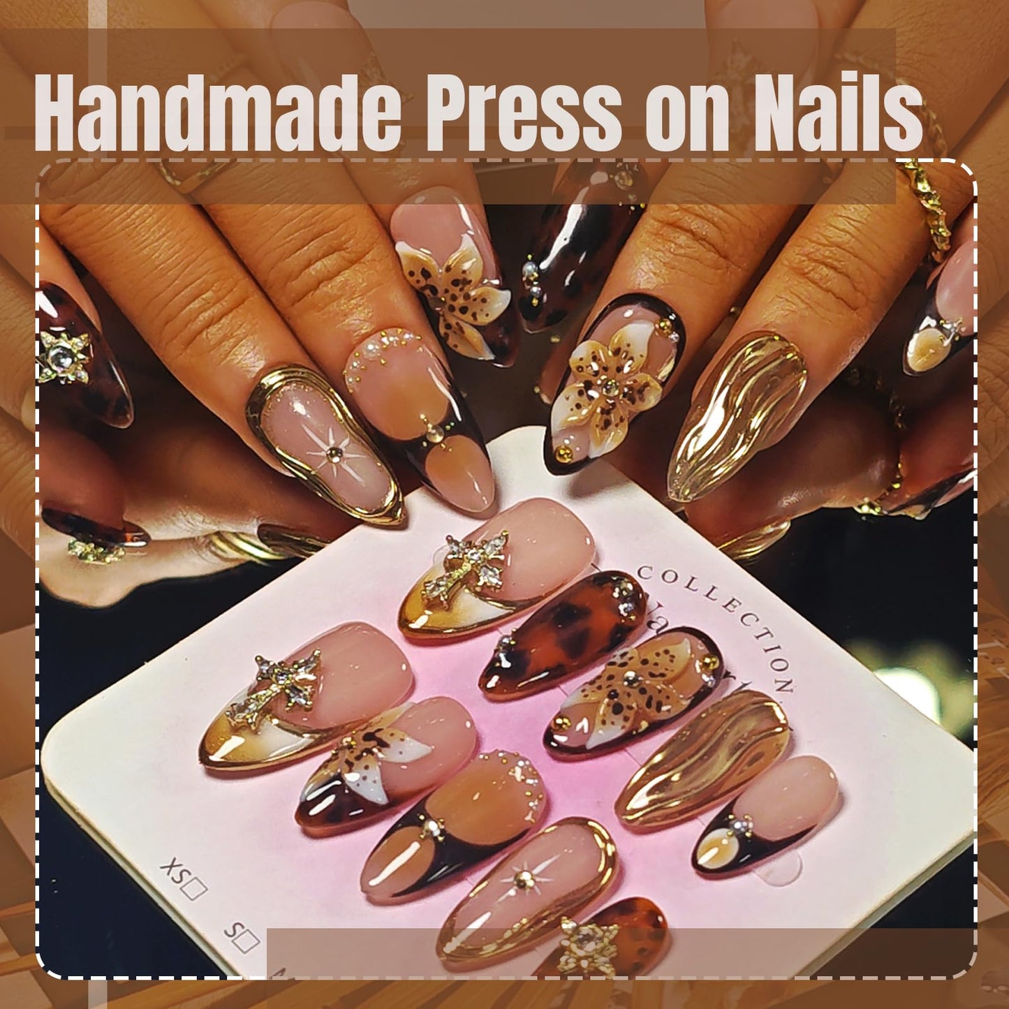 KimKista Amber Bloom-S Handmade Almond Press On Nails – 3D Flowers, Gold Chrome, Reusable Kit