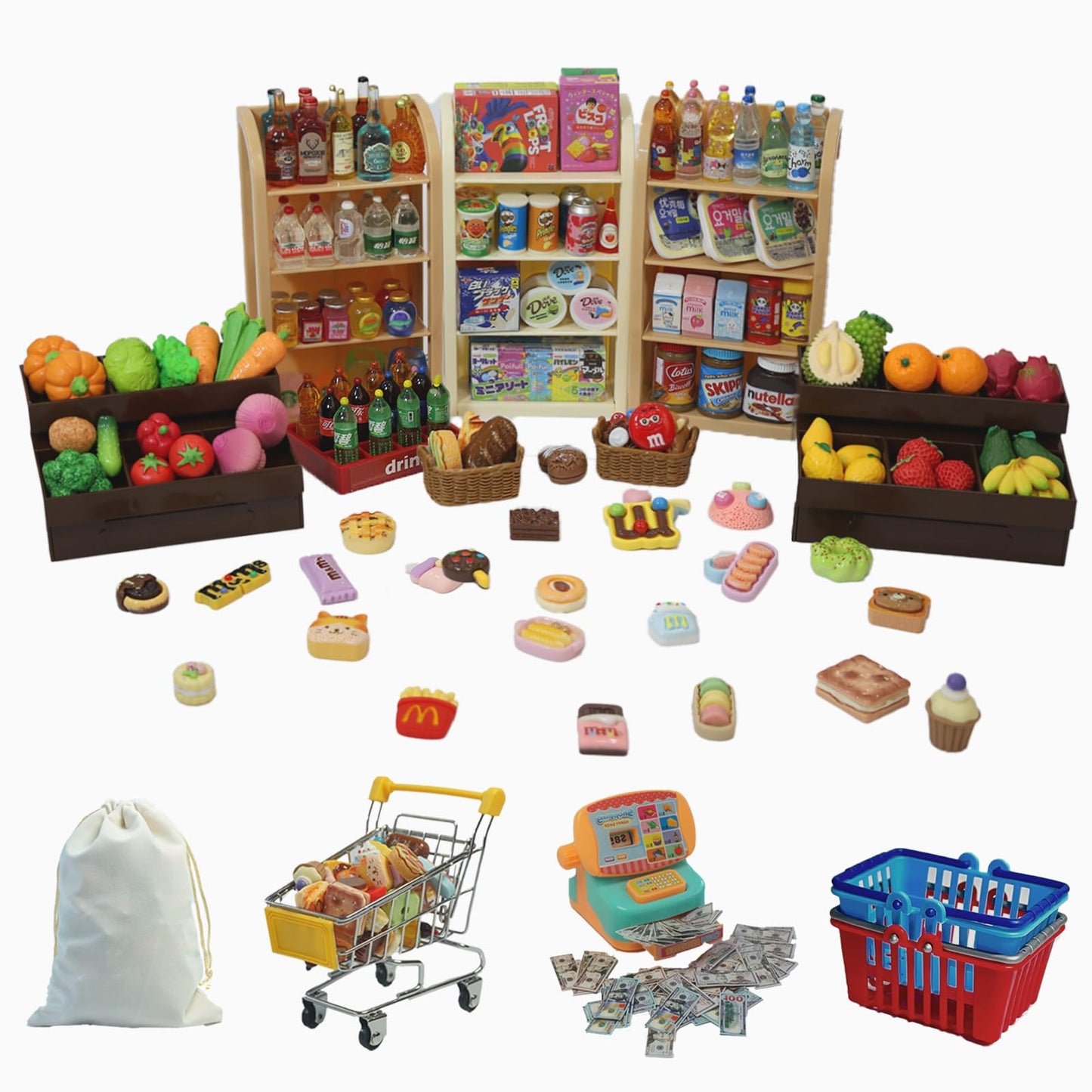 Kimo 180Pcs Mini Shopping Cart Playset – Pretend Grocery Dollhouse Accessories for Toddlers