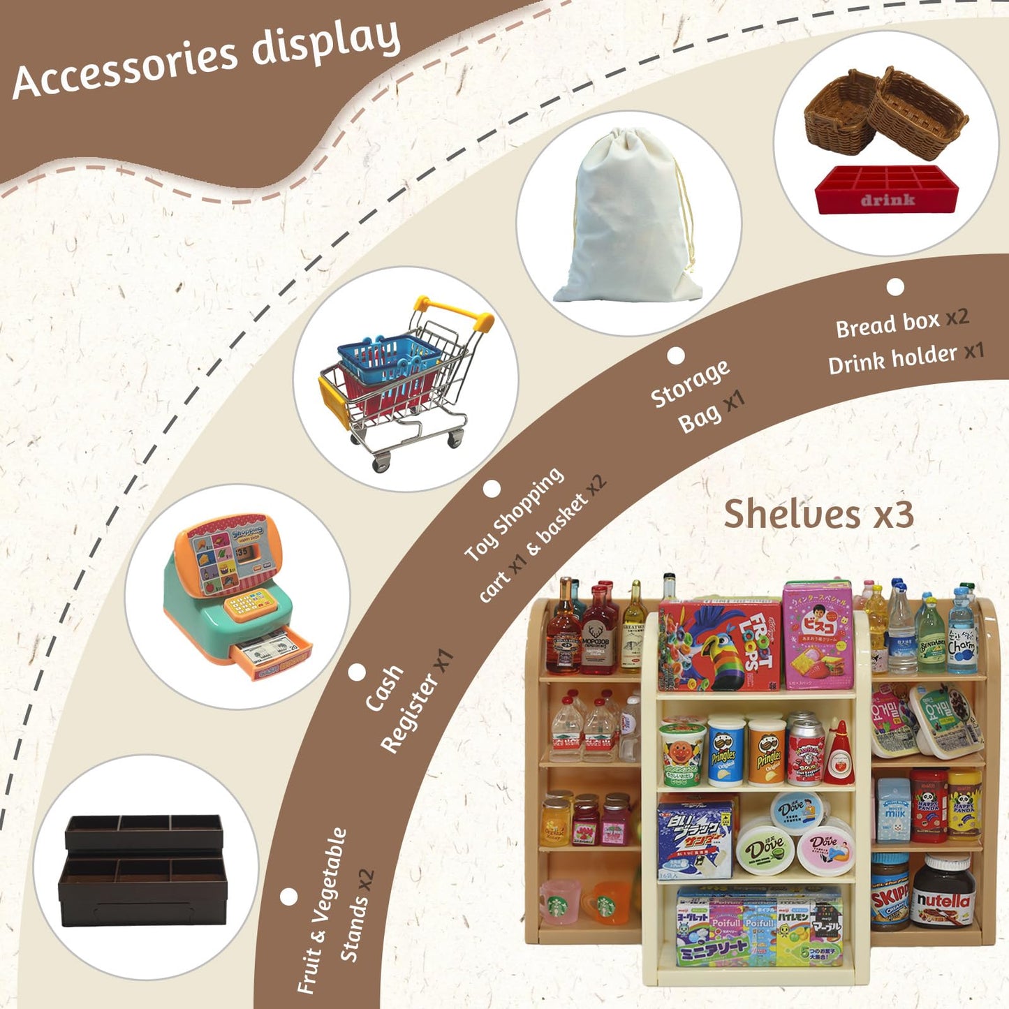 Kimo 180Pcs Mini Shopping Cart Playset – Pretend Grocery Dollhouse Accessories for Toddlers