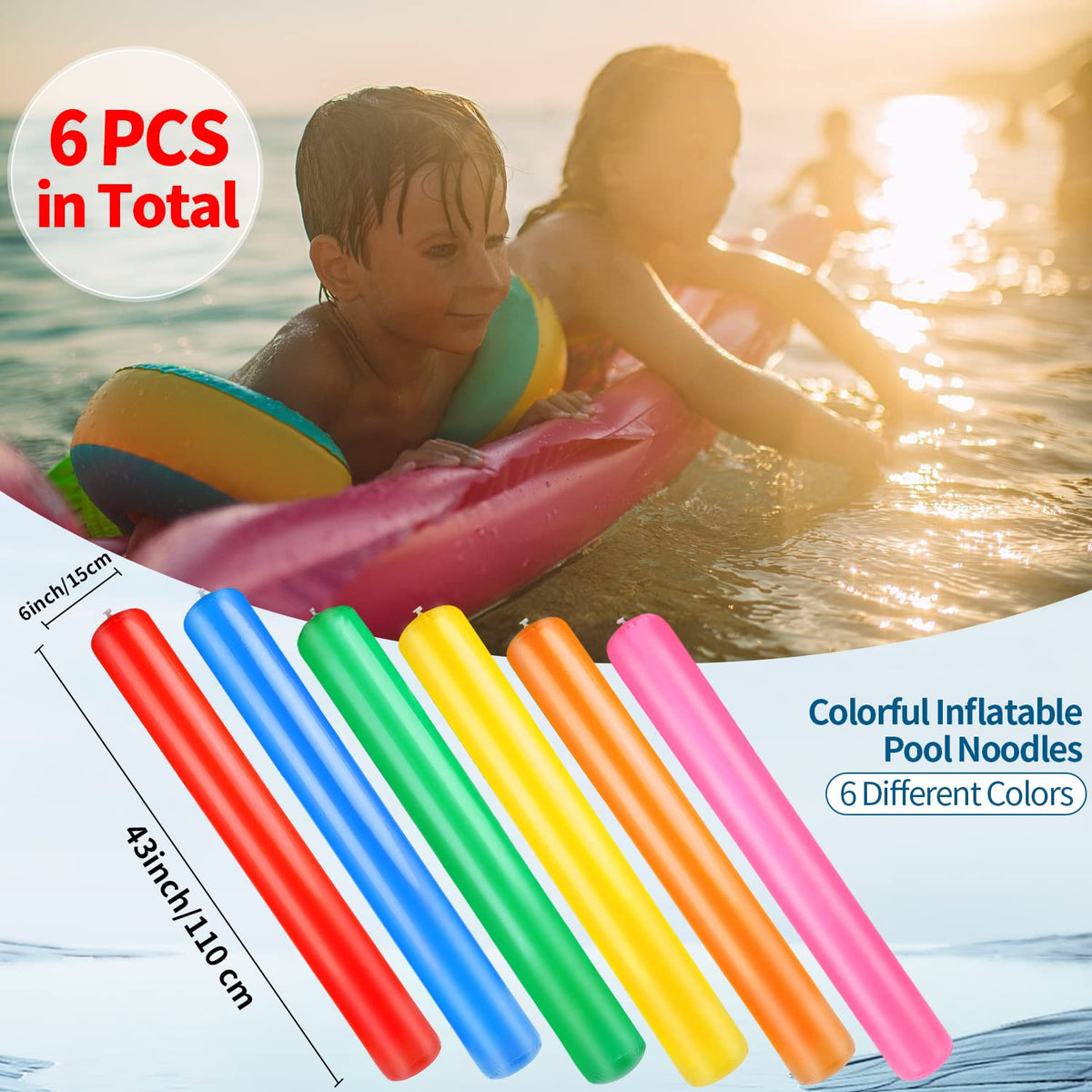 KIMOBER 6PCS Inflatable Pool Sticks – Giant 41.3-Inch Noodles, 6 Colors, Easy Inflation