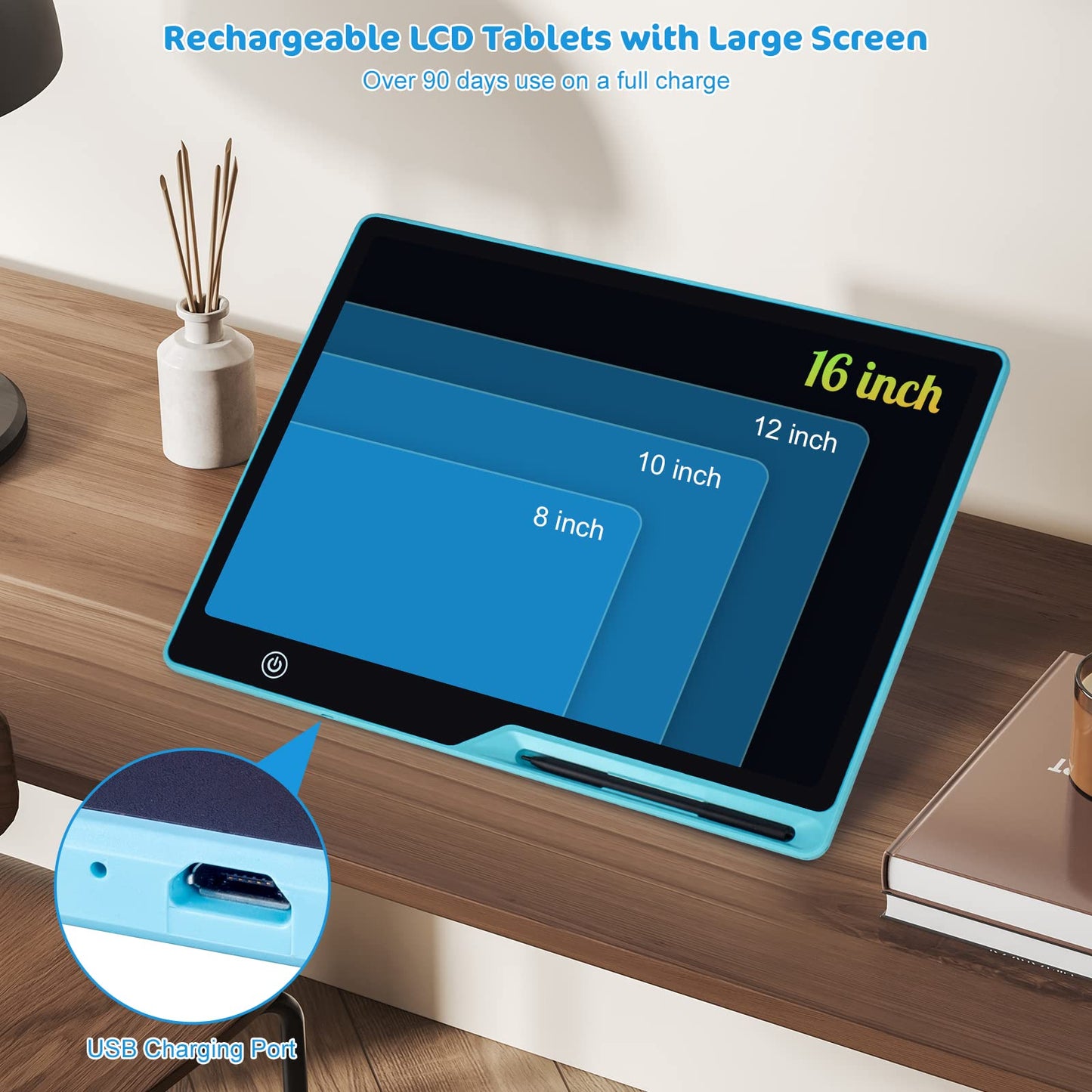 Kinayue 16-Inch LCD Writing Tablet – Colorful Screen Doodle Board for Kids, Rechargeable & Portable