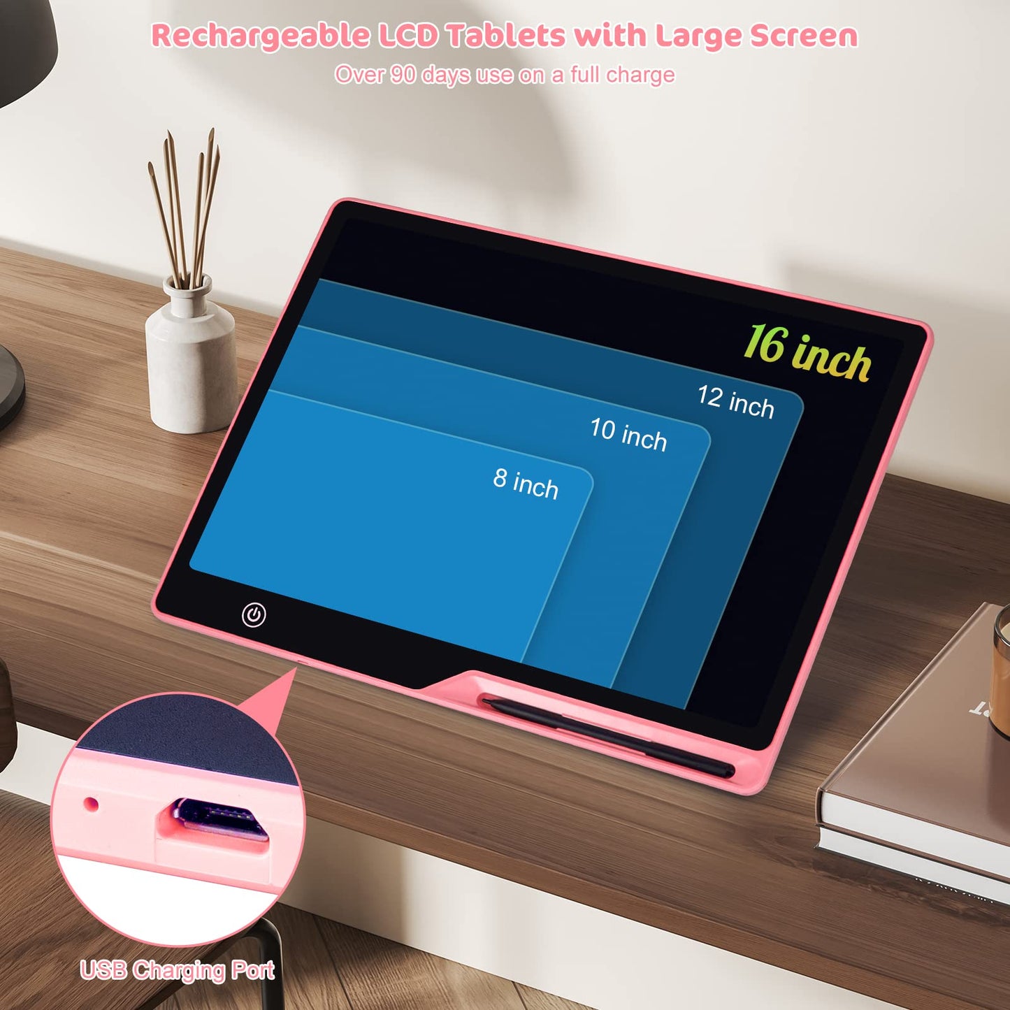 Kinayue LCD Writing Tablet – 16-Inch Colorful Screen Doodle Board for Kids (Pink) | Rechargeable