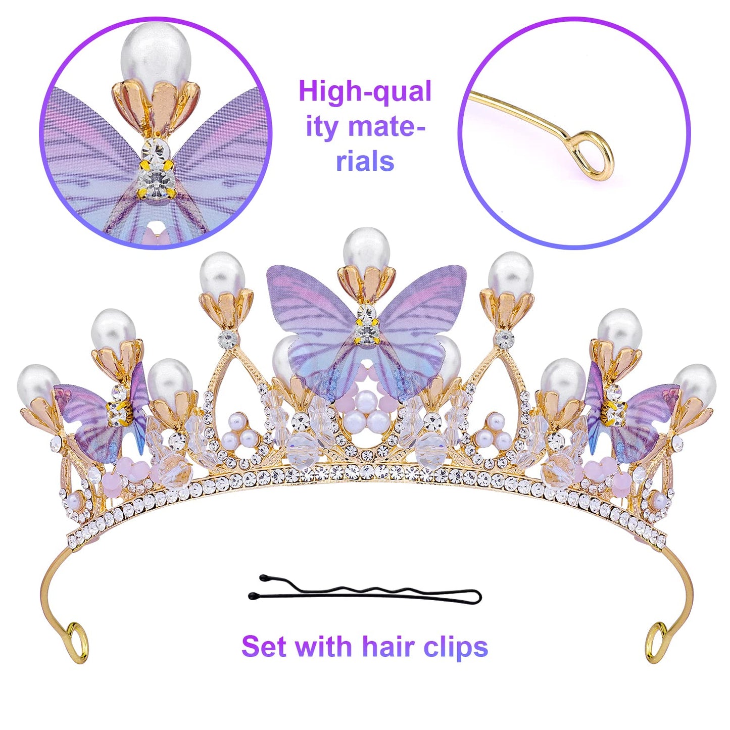 KINBOM Butterfly Crown for Girls – Purple Princess Tiara with Pearls & Butterflies