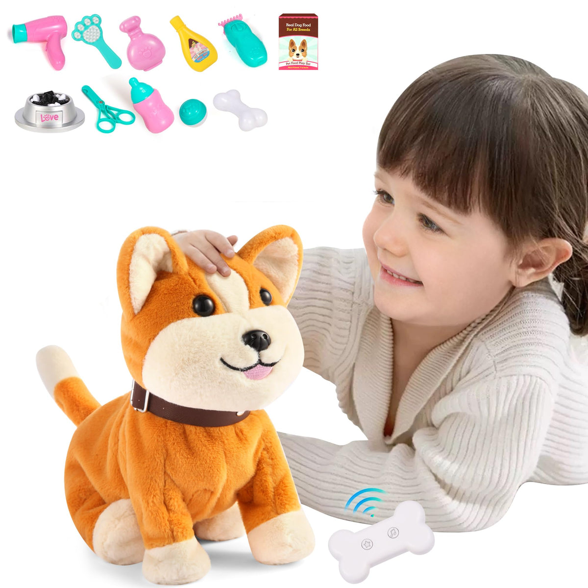 Kindenwinn Interactive Corgi Plush Toy for Kids 3+ — Voice-Activated, Walking & Barking with Accessories