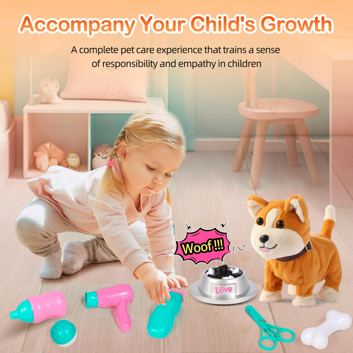 Kindenwinn Interactive Corgi Plush Toy for Kids 3+ — Voice-Activated, Walking & Barking with Accessories