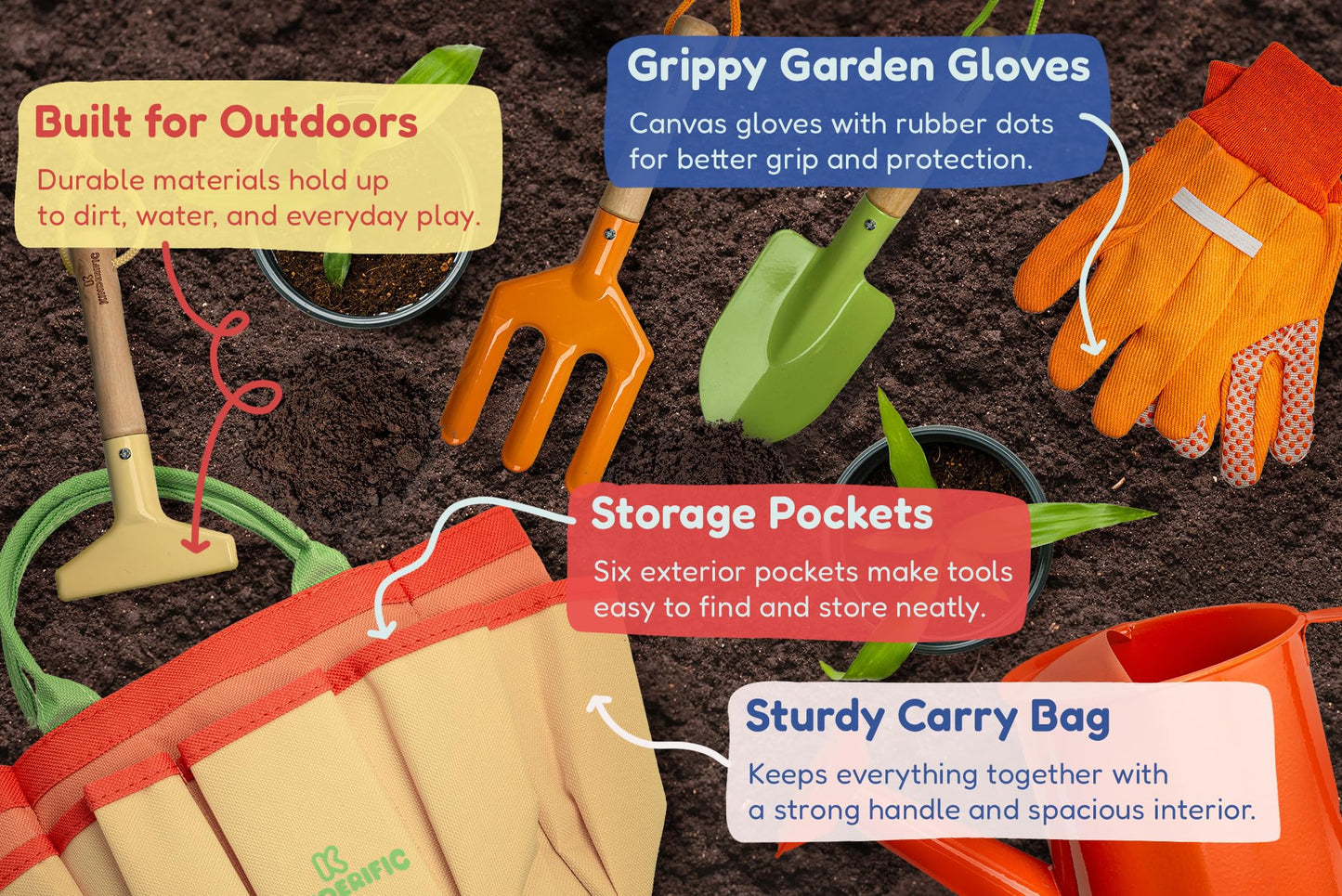 Kinderific Gardening Set for Kids – STEM Tool Kit with Tote Bag, Spade, Watering Can, Rake, Fork & Gloves (Sunshine)