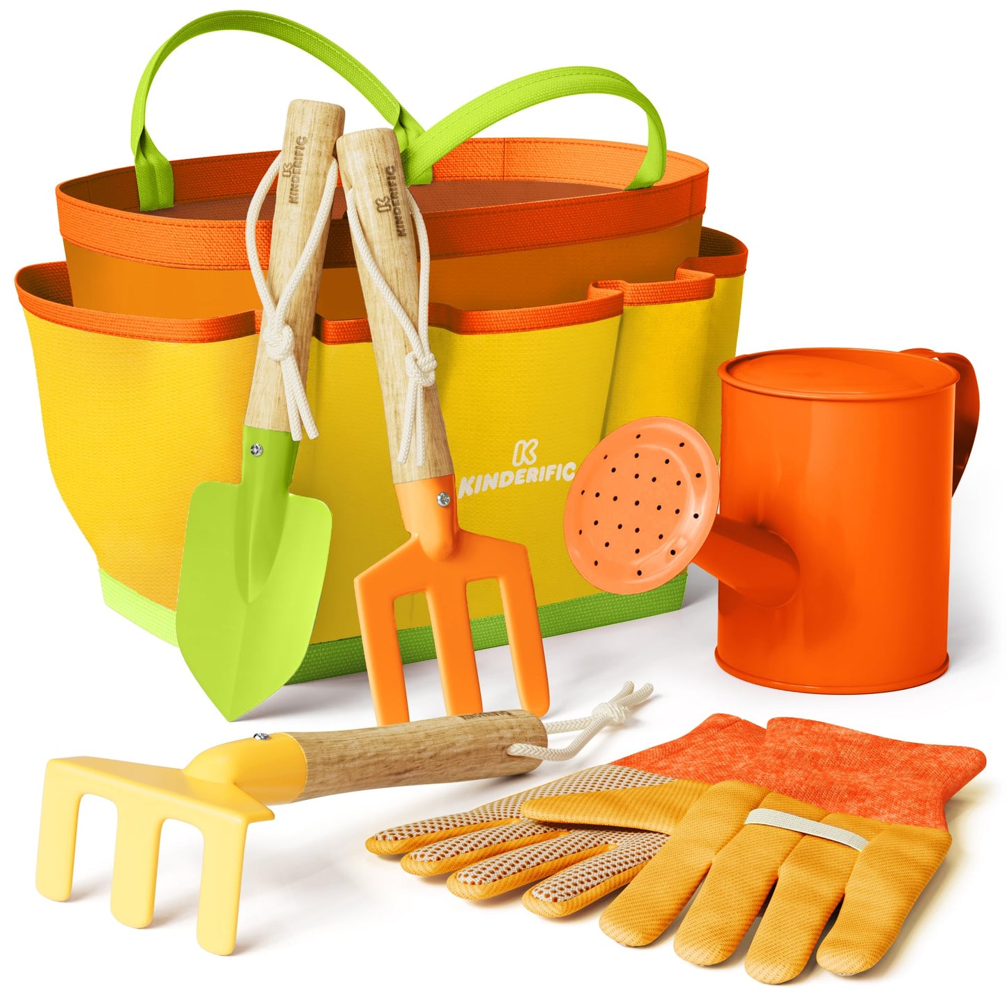 Kinderific Gardening Set for Kids – STEM Tool Kit with Tote Bag, Spade, Watering Can, Rake, Fork & Gloves (Sunshine)