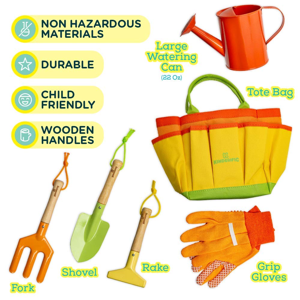 Kinderific Gardening Set for Kids – STEM Tool Kit with Tote Bag, Spade, Watering Can, Rake, Fork & Gloves (Sunshine)