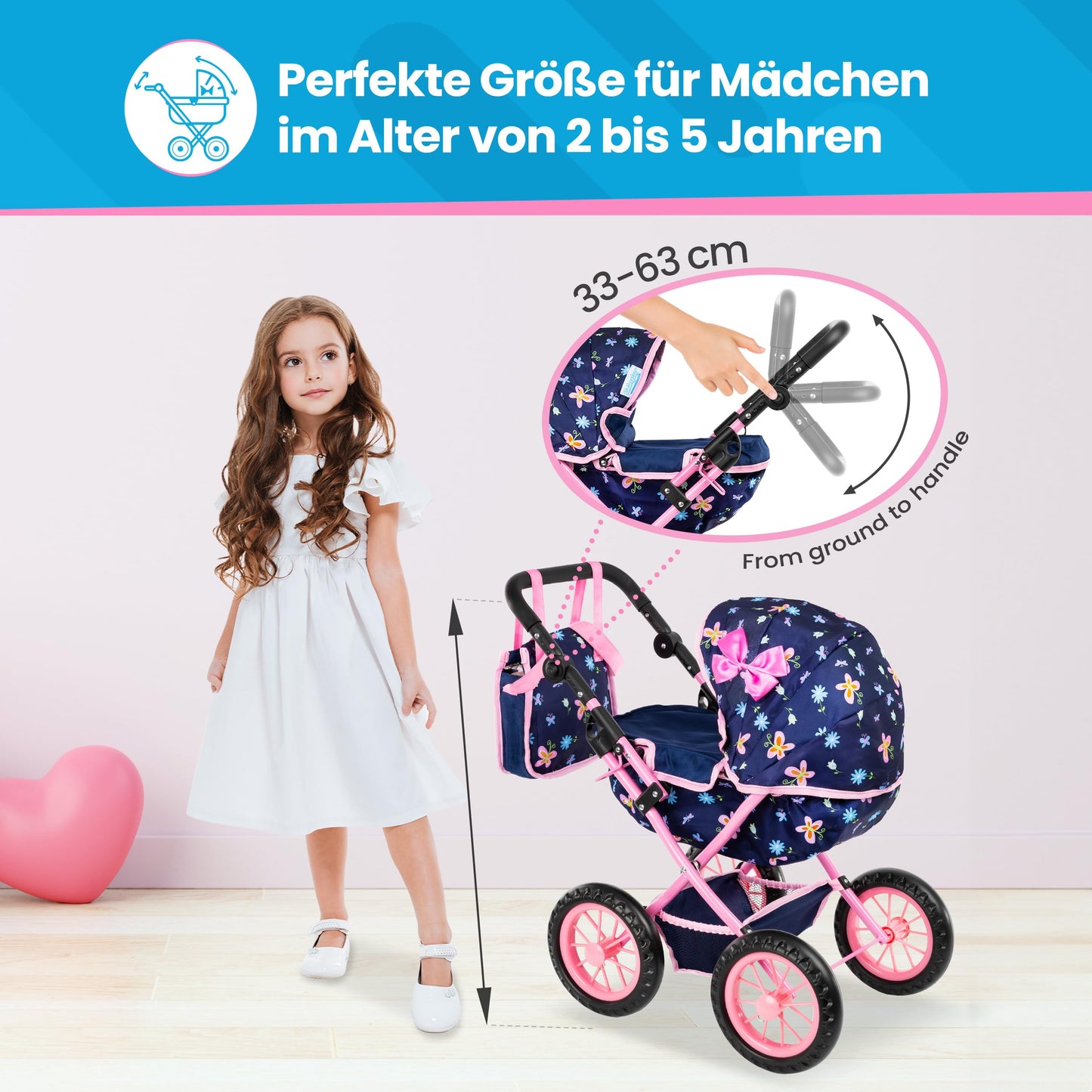 Kinderplay Adjustable Doll Stroller KP0262I – Lightweight, Foldable Hood, 16-Inch Doll Compatibility