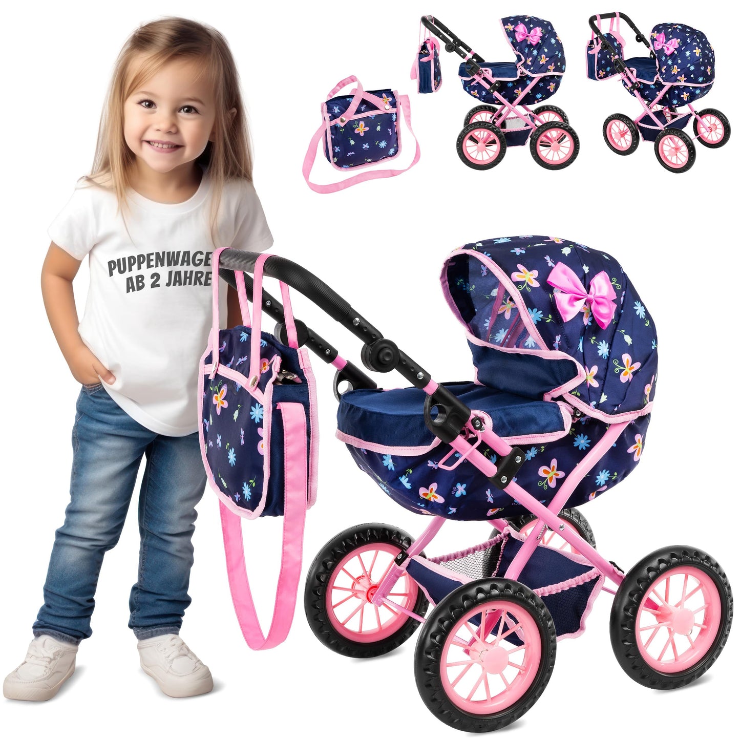 Kinderplay Adjustable Doll Stroller KP0262I – Lightweight, Foldable Hood, 16-Inch Doll Compatibility