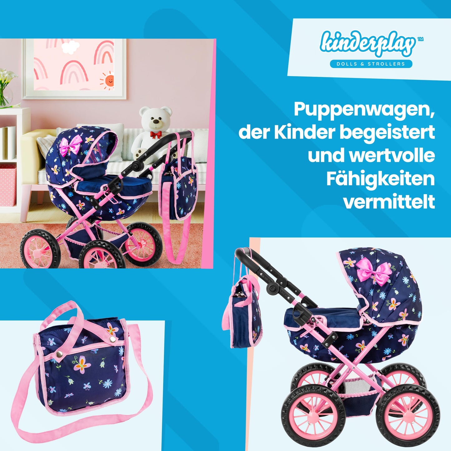 Kinderplay Adjustable Doll Stroller KP0262I – Lightweight, Foldable Hood, 16-Inch Doll Compatibility