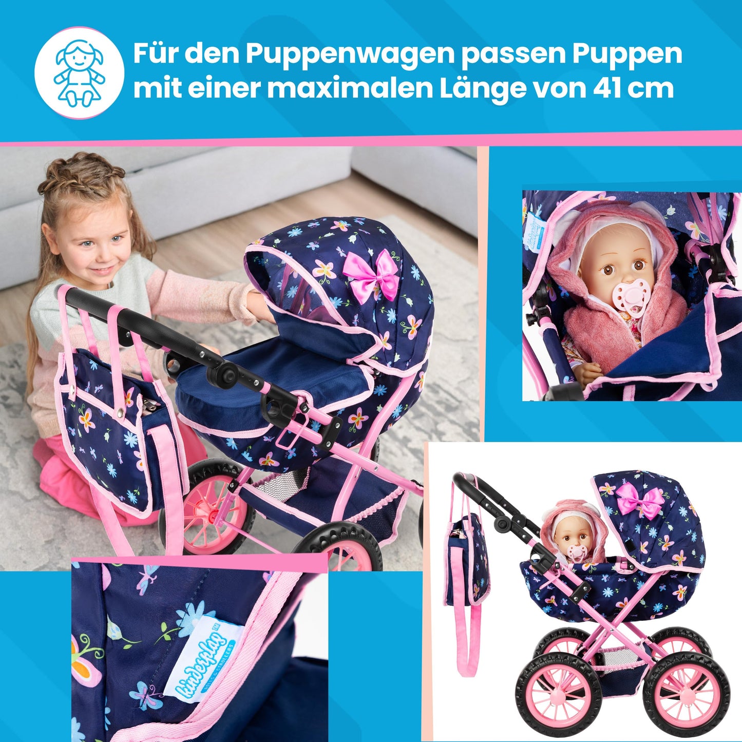 Kinderplay Adjustable Doll Stroller KP0262I – Lightweight, Foldable Hood, 16-Inch Doll Compatibility