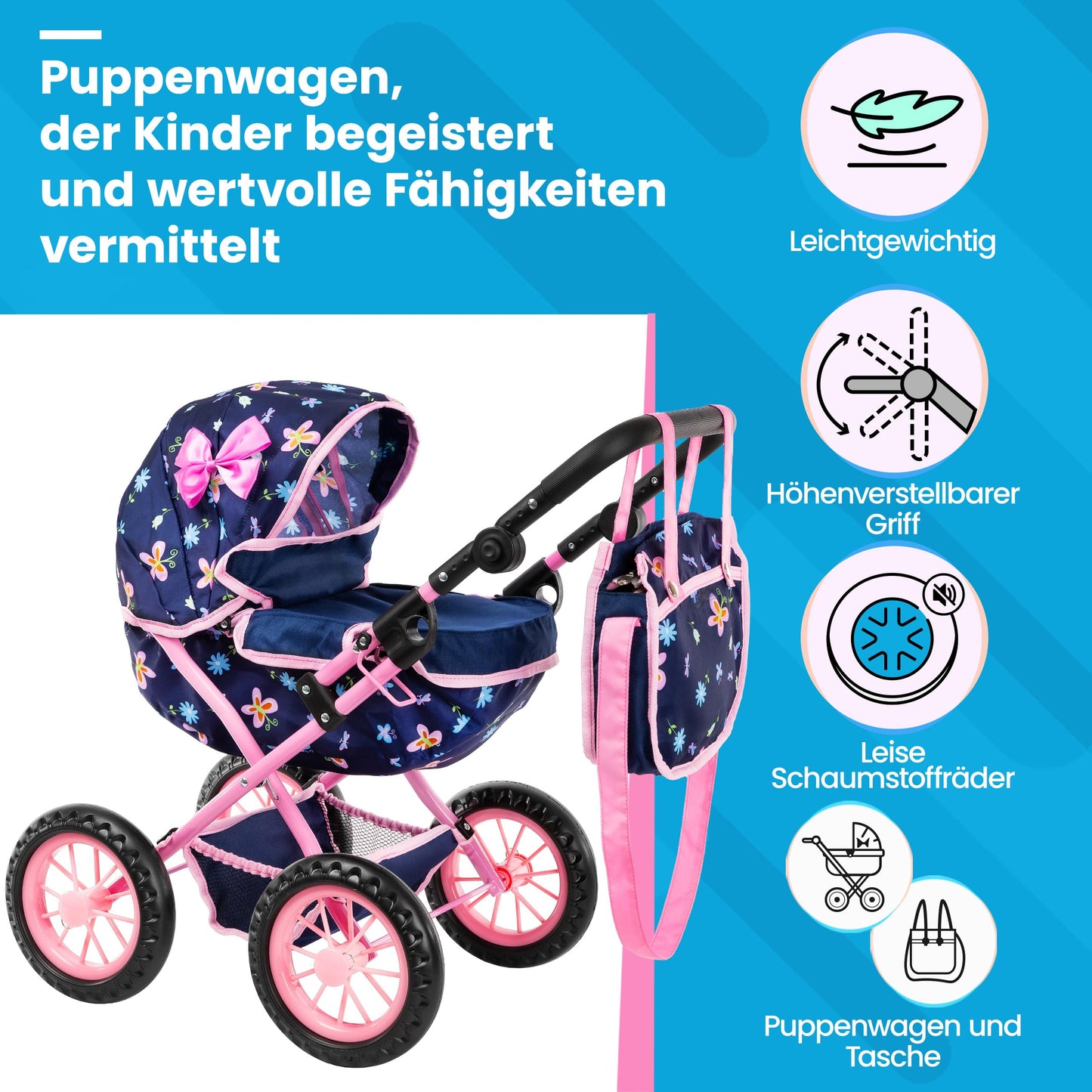 Kinderplay Adjustable Doll Stroller KP0262I – Lightweight, Foldable Hood, 16-Inch Doll Compatibility